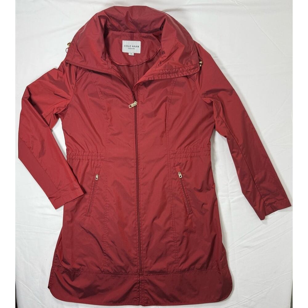 COLE HAAN Sz Large Rain Coat Mid-Length Hidden Hood Iridescent Rust